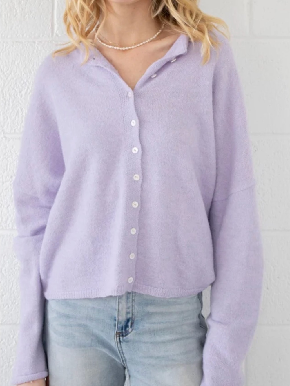 Lavender Button-Front Knit Cardigan Sweater